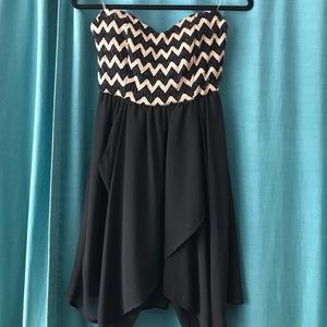 Above the knee black and gold strapless dress